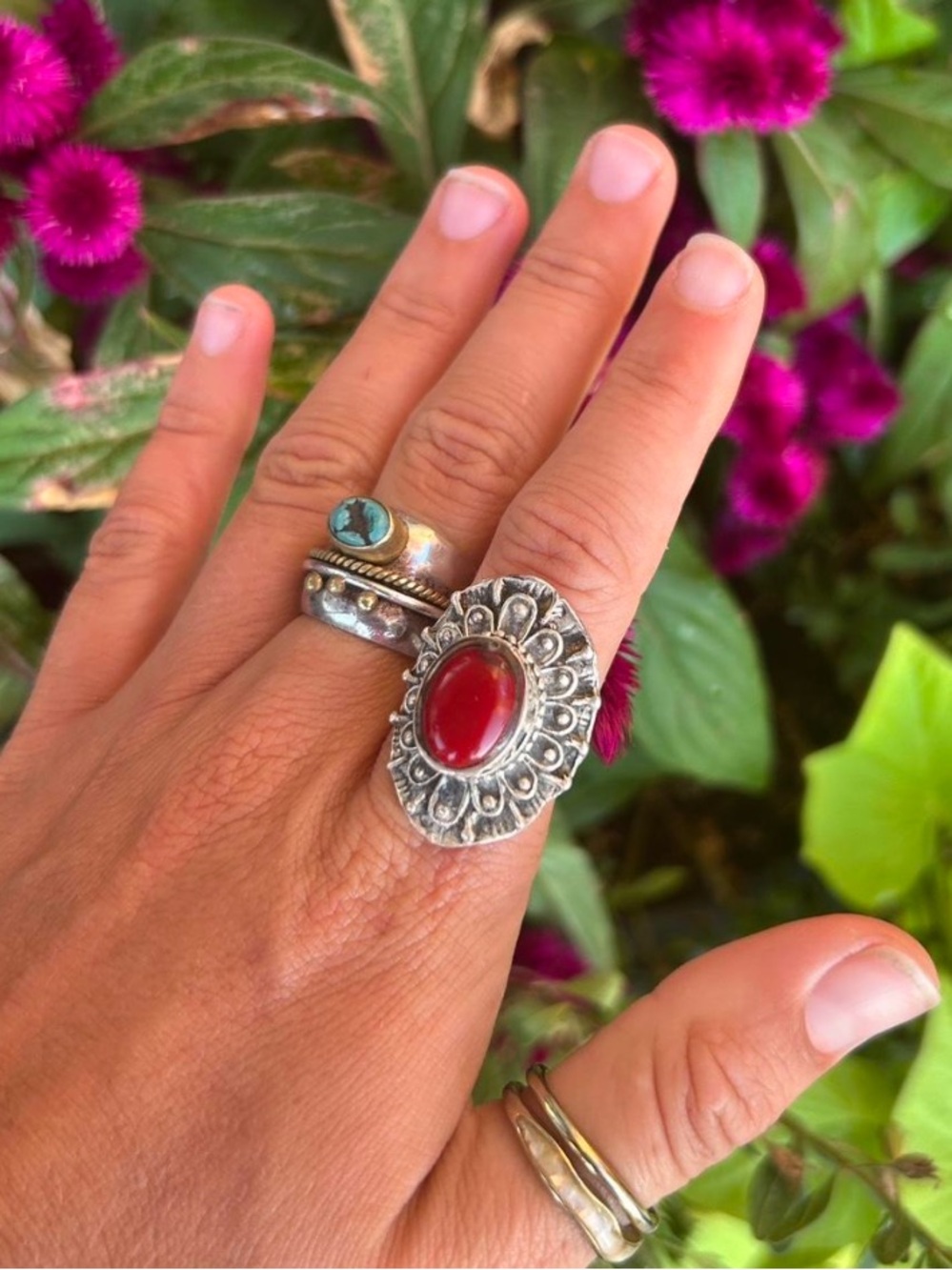 Sterling Silver Red Cabochon Statement Ring - Women Jewelry